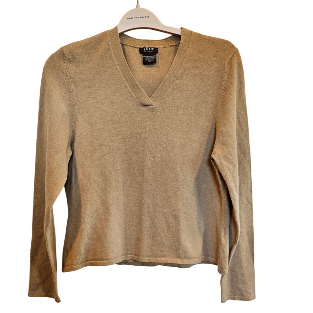 V Neck Long Sleeve Wool Sweater Top Neutral Tan Classic Knit Pullover